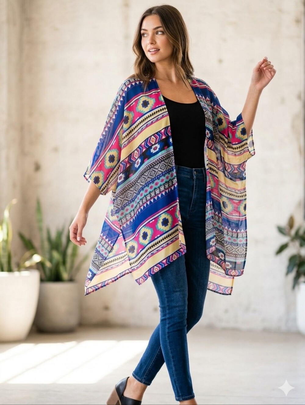Boho Printed Open-Front Kimono - Blue Multi